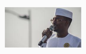 Chad's military ruler Mahamat Deby delivers a speech during the launch of his presidential campaign in N'Djamena, Chad, on April 14, 2024. (Denis Sassou Gueipeur/AFP/Getty Images/TNS)