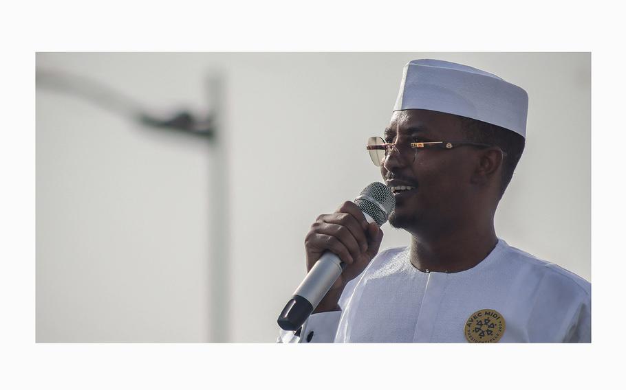 Chad’s military ruler Mahamat Deby delivers a speech during the launch of his presidential campaign in N’Djamena, Chad, on April 14, 2024. 