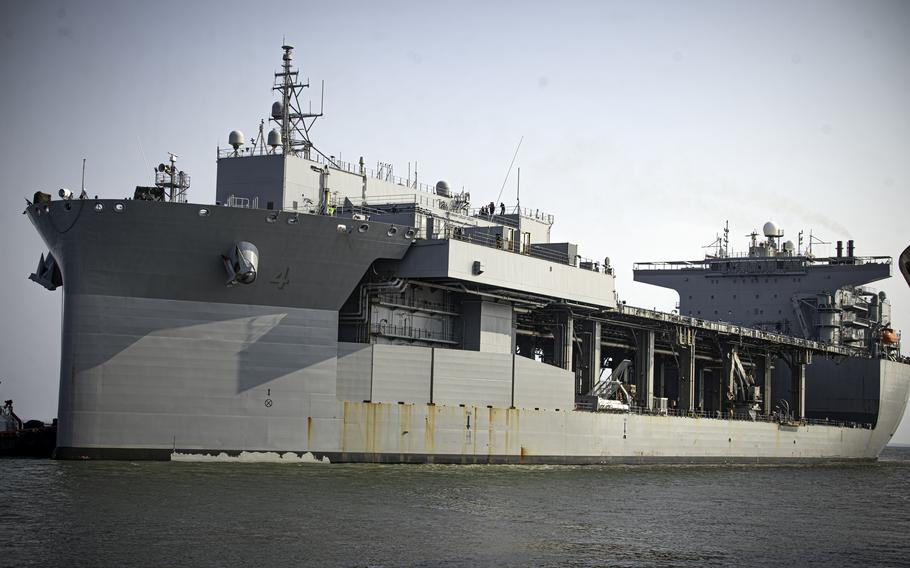 USS Hershel “Woody” Williams pulls into port at Libreville, Gabon, on May 5, 2024, to support the Obangame Express exercise.