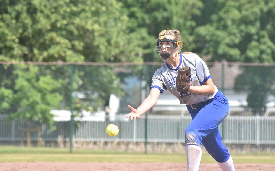 Ramstein's Spice Harris delivers a pitch Saturday, May 21, 2022 at the DODEA-Europe Division I softball championships at Kaiserslautern, Germany.