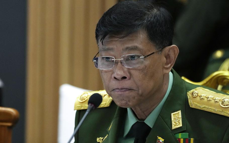 Myanmar’s Defense Minister Mya Tun Oo attends a meeting during the 16th ASEAN Defense Minister in Phnom Penh, Cambodia, on Wednesday, June 22, 2022.
