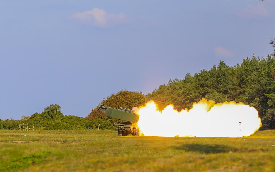 U.S. soldiers fire a HIMARS during an exercise in Liepaja, Latvia, on Sept. 27, 2022. The system is among the more than $16 billion in military support the U.S. has provided to Ukraine since Russia invaded the country in February.