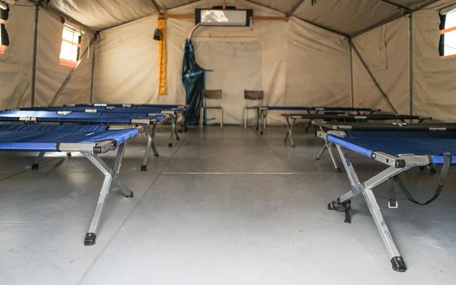 A training camp tent at the Klietz range in Germany provides a temporary home for Ukrainian soldiers during their tank training.