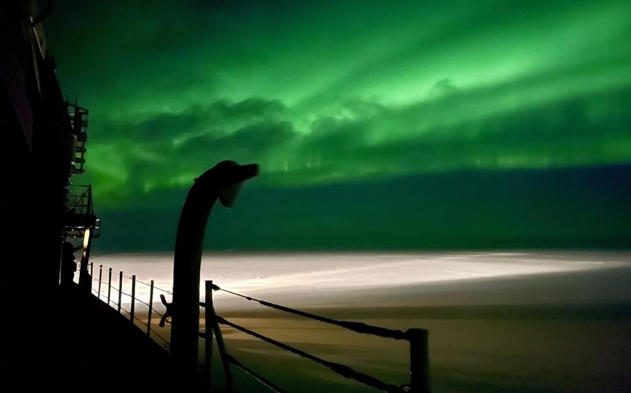 The Aurora Borealis as seen from the Coast Guard Cutter Polar Star while patrolling in the Chukchi Sea, Dec. 21, 2020. Multiple explosions on the sun this week have unleashed four bursts of plasma from the sun’s corona toward Earth. Known as coronal mass ejections, or CMEs, these blasts are expected to consolidate into a supersize CME capable of triggering a strong geomagnetic storm and aurora visible in the northern United States and Europe on Thursday night, Nov. 30, 2023, into early Friday.