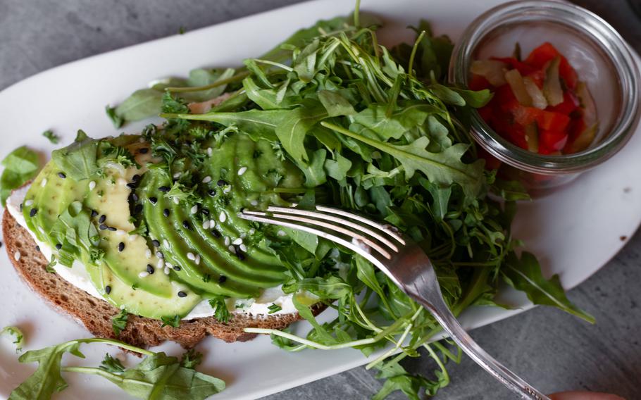 Avocado bread dish on a tray.