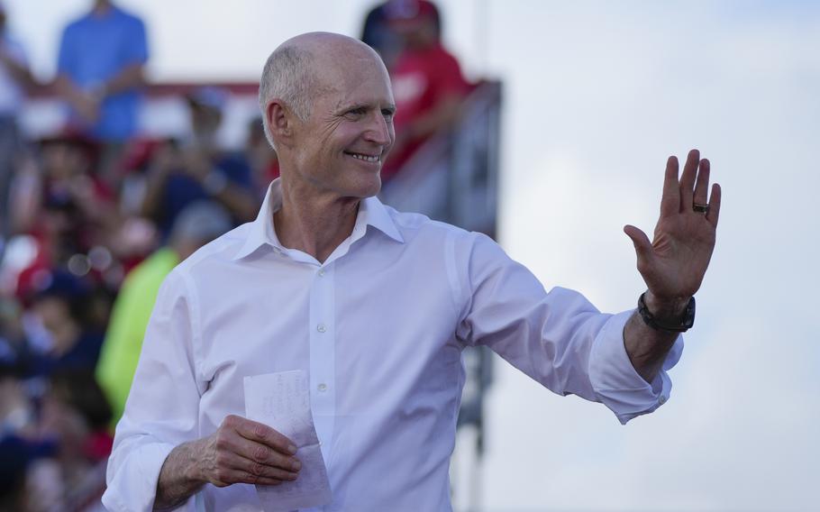 Sen. Rick Scott, R-Fla., arrives to speak before former President Donald Trump at a campaign rally in support of the campaign of Sen. Marco Rubio, R-Fla., at the Miami-Dade County Fair and Exposition on Sunday, Nov. 6, 2022, in Miami.
