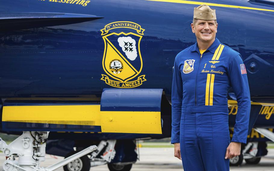 Blue Angel commanding officer and flight leader Cmdr. Brian Kesselring speaks to media ahead of the Blue Angels Pensacola Beach Air Show on Thursday, July 8, 2021, in Pensacola, Fla. 