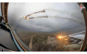 A video screen grab shows an Su-25 plane firing rockets over Ukraine on Jan. 22, 2024. 