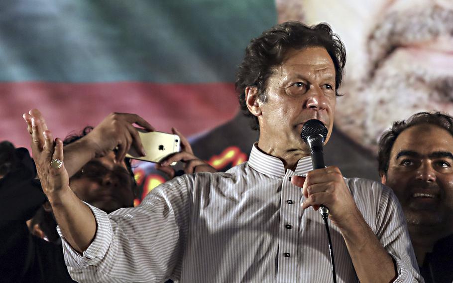 Imran Khan, then-chairman of Pakistan Tehreek-e-Insaf, also known as Movement for Justice, speaks during a rally in Lahore, Pakistan, on July 20, 2018.