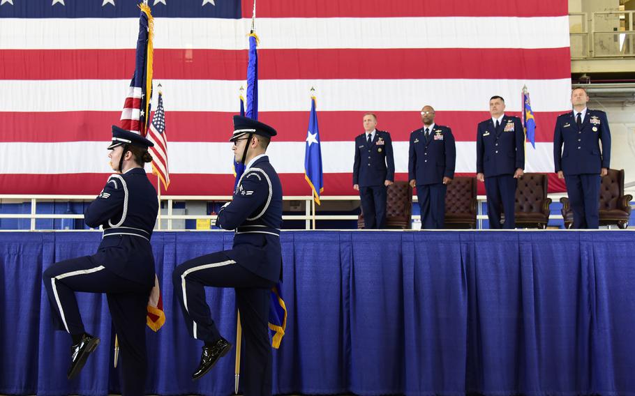 The Eglin Air Force Base Honor Guard presents the colors during the 350th Spectrum Warfare Wing activation ceremony, June 25, 2021. The 350th SWW is responsible for delivering electromagnetic spectrum capabilities to 69 United States and Foreign Partner electromagnetic warfare systems. Additionally, the wing is responsible for electromagnetic warfare reprogramming, modeling and simulation and assessments. 