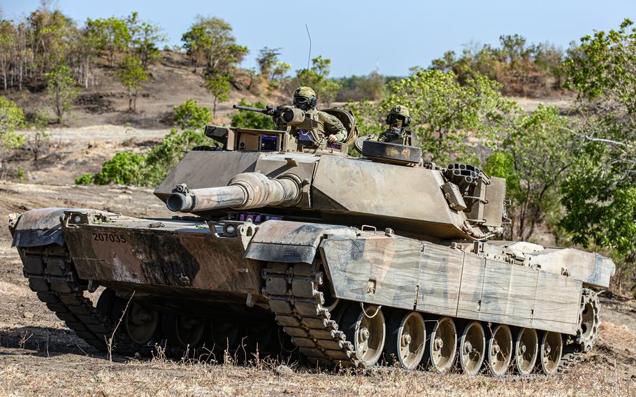 An Australian M1A1 Abrams tank maneuvers trains at Puslatpur Marine Base during a Super Garuda Shield drill in East Java, Indonesia, Sept. 6, 2023. 