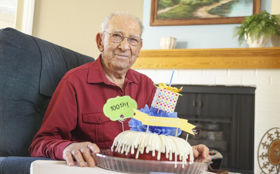 Velvin Bill poses for photos on his 100 birthday at his home on Thursday, Feb. 24, 2022, in La Mesa, Calif. Bill is the recipient of a Trans Aortic Valve Replacement (TAVR). 