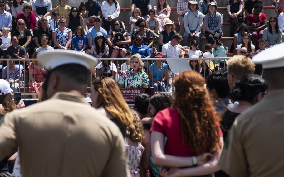 First lady Jill Biden speaks during a pre-graduation ceremony for Matthew C. Perry High School seniors at Marine Corps Air Station Iwakuni, Japan, Sunday, May 21, 2023.