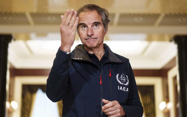 Rafael Mariano Grossi, the director-general of the International Atomic Energy Agency, speaks to journalists during press conference in Kyiv, Ukraine, on Tuesday, June 3, 2025. (AP Photo/Evgeniy Maloletka)