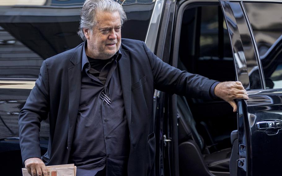Former White House senior strategist Steve Bannon arrives at the Federal District Court House for the fifth day of his contempt of Congress trial on July 22, 2022, in Washington, D.C. 