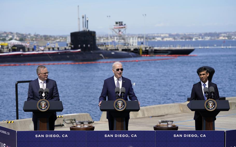 President Joe Biden speaks after meeting with British Prime Minister Rishi Sunak, right, and Australian Prime Minister Anthony Albanese at Naval Base Point Loma, Monday, March 13, 2023, in San Diego.