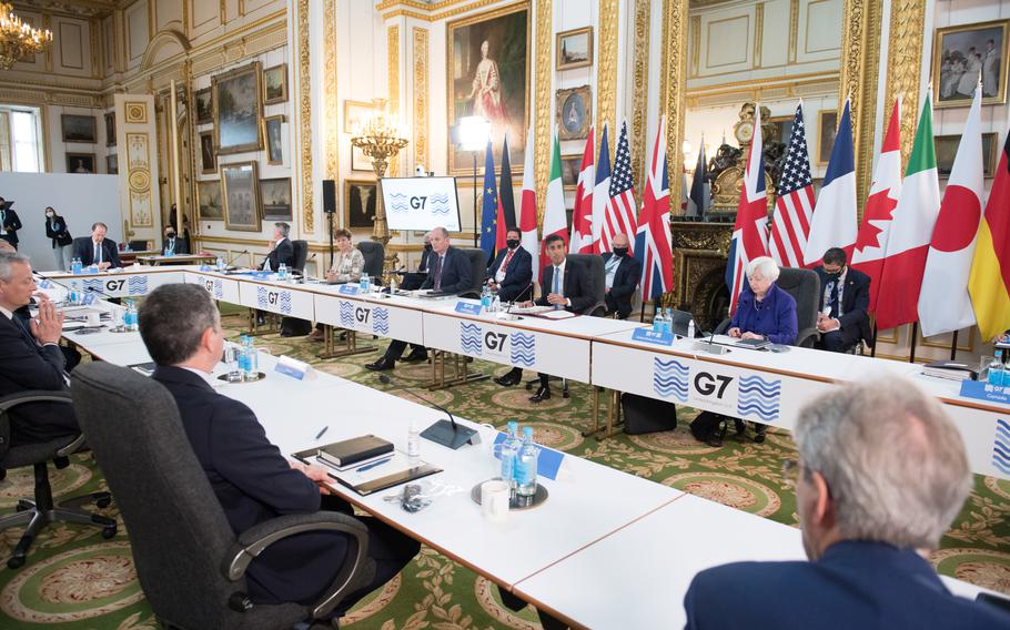 Britain’s Chancellor of the Exchequer Rishi Sunak speaks at a meeting of finance ministers from across the G7 nations ahead of the G7 leaders’ summit in June 2021.