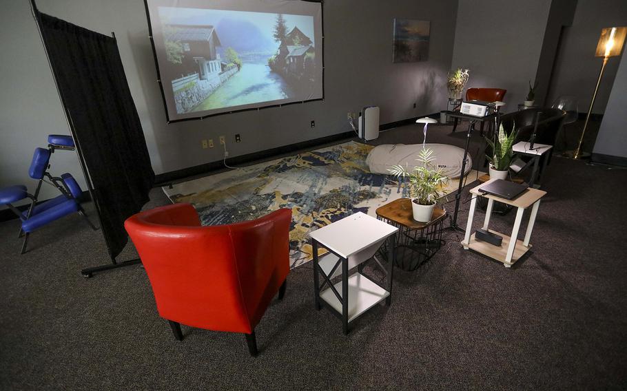 This is the lounge area at Nap Pod in Tampa, Fla.
