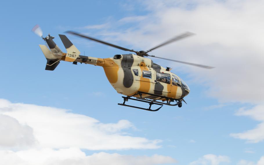 A UH-72 Lakota "Sokol" helicopter conducts training exercises at Fort Irwin, Calif. on Feb. 2, 2024.