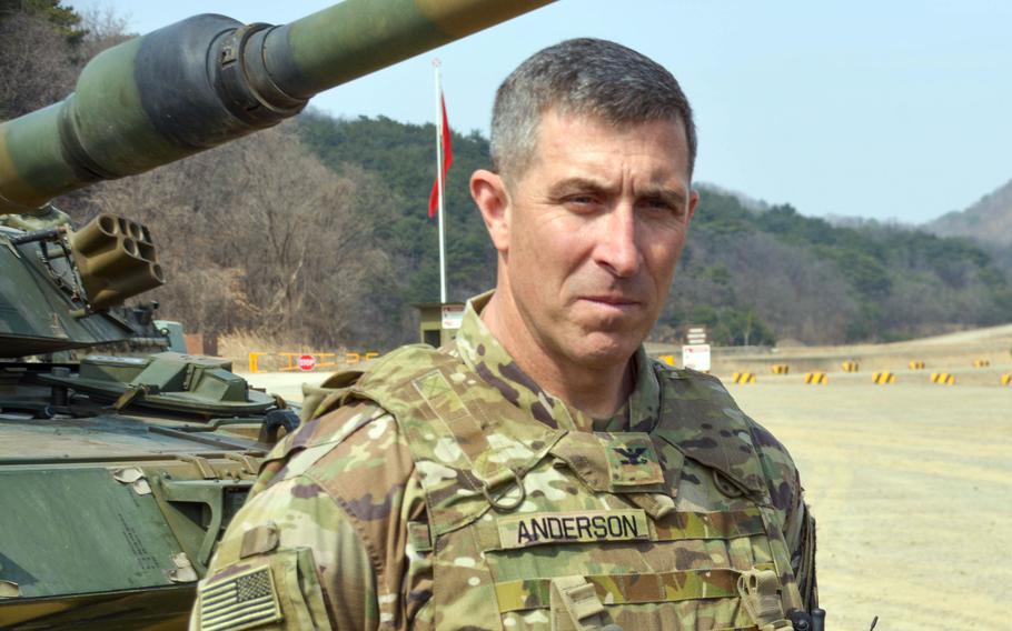 Col. Brandon Anderson, the 2nd Infantry Division's deputy commanding officer for maneuver, speaks to reporters during the Warrior Shield exercise at Rodriguez Live Fire Complex in Pocheon, South Korea, Wednesday, March 22, 2023.