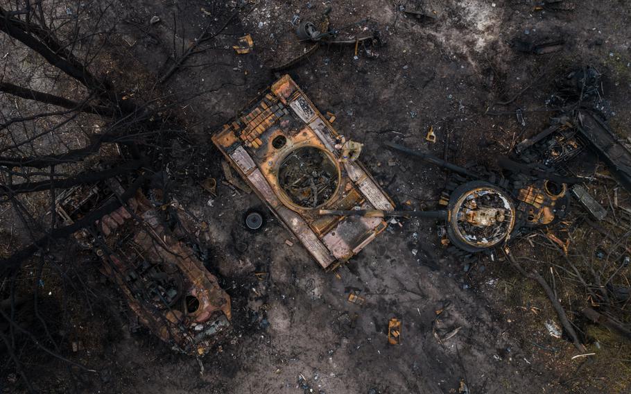 Destroyed Russian military equipment in the center of Izium, Ukraine, which was liberated after months of occupation. 