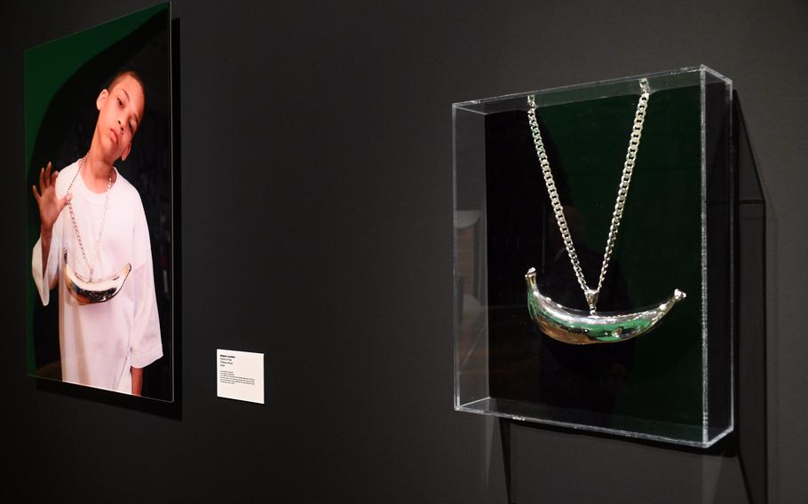 Two works by Miguel Luciano on display in “The Culture: Hip Hop and Contemporary Art in the 21st Century,” a new exhibit at the Schirn in Frankfurt, Germany. At left “Platano Pride,” and “Pure Plantainum,” right. It is made of polyurethane encased in platinum and sterling silver.