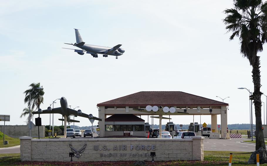 A KC-135 refueling aircraft flies over the Dale Mabry entrance of MacDill Air Force Base while coming in for a landing in 2021. Tampa residents should expect increased air traffic until March 8 while pilots participate in training at the base.