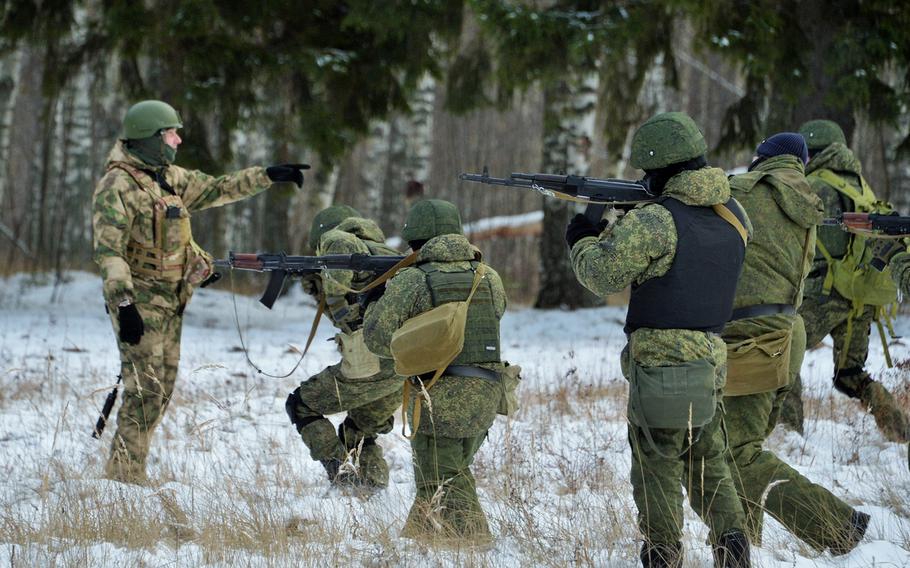Mobilized Russian troops practice tactics and maneuvers in the Kostroma region of Russia, November 2022, according to the Russian government. 