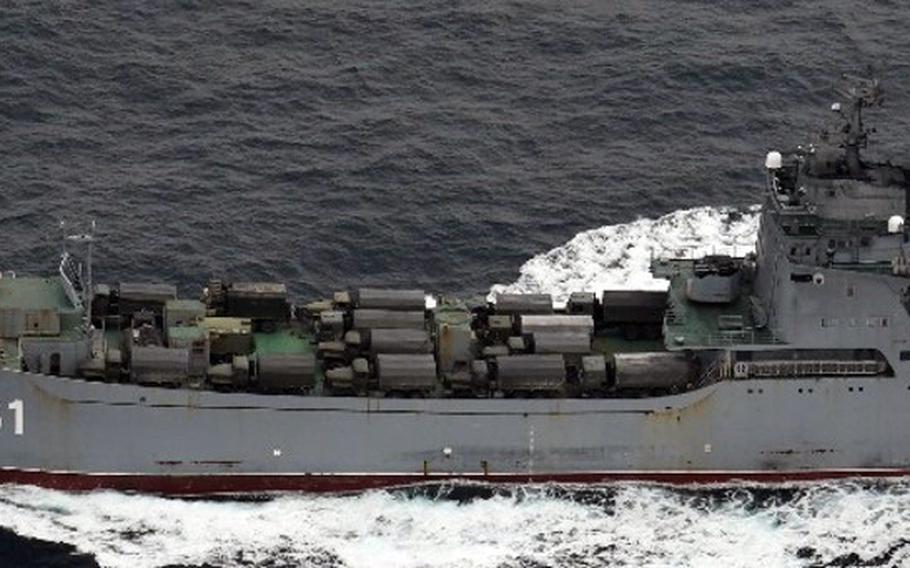 A Russian navy tank landing ship loaded with military vehicles was recently spotted in the narrow Tsugaru Strait between Japan's main island, Honshu, and Hokkaido.