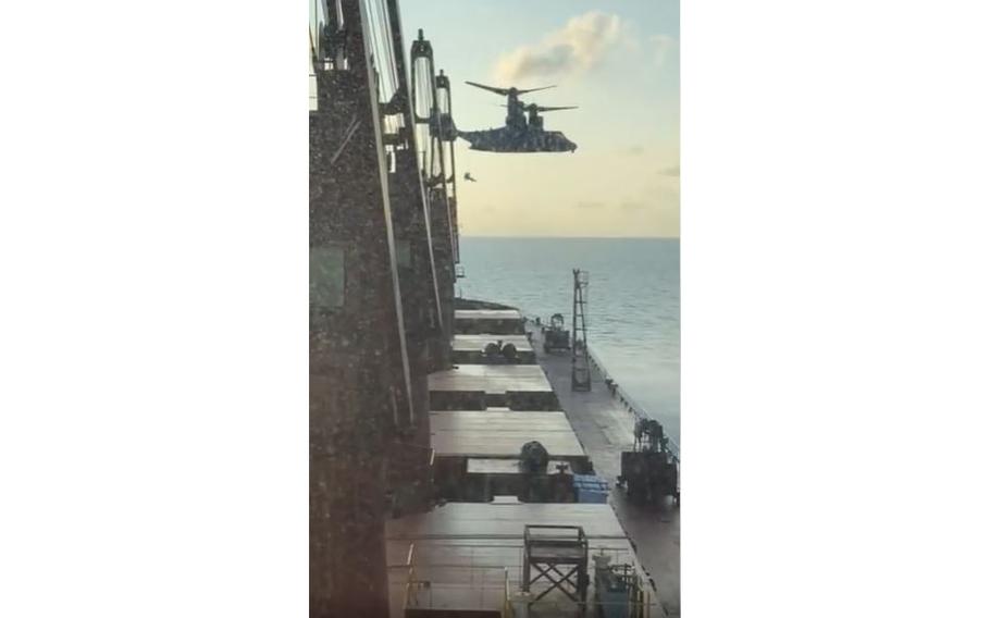 A screenshot from a video shows a rescue at sea by Air Force pararescuemen of a U.K. civilian mariner in distress, Nov. 13-14, 2021. The Osprey aircraft came from the San Diego-based Marine Medium Tiltrotor Squadron 161, which deployed to Djibouti in September.