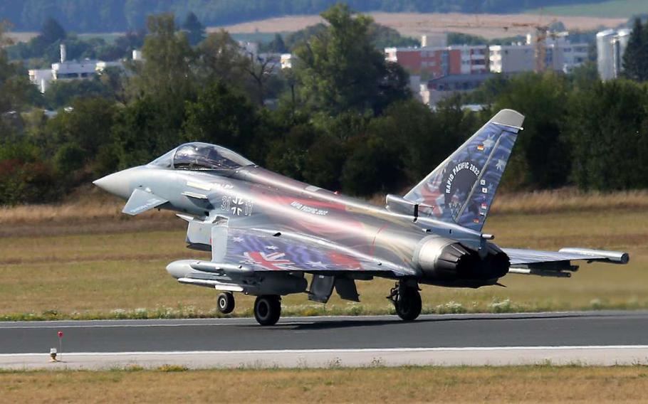 A German air force Eurofighter nicknamed Air Ambassador takes off at Neuburg an der Donau air base, Germany. The jet received a custom foil cover for exercise Rapid Pacific 2022, which is the first time the German air force sent its jets to the Indo-Pacific.