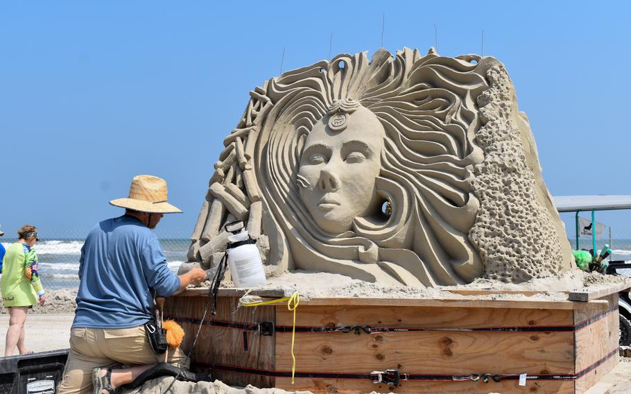 A sand sculpture by Jon and Heather Woodworth at Texas SandFest 2023 in Port Aransas, Texas. Sandfest is the largest native sand festival in the U.S. It started 26 years ago. 