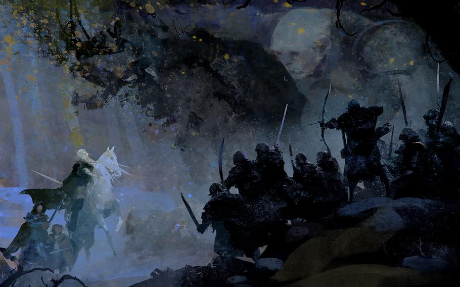 Orcs ambush a party of adventurers in an illustration from the core rule book of The Lord of the Rings Roleplaying game.