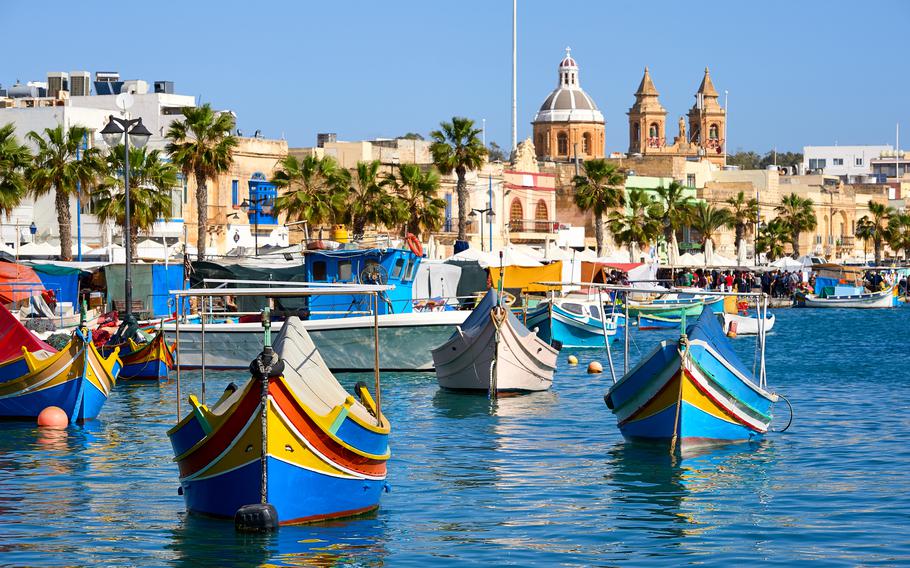 Malta's Marxaslokk harbor is dotted with traditionally painted boats called luzzu. Kaiserslautern Outdoor Recreation offers a trip to Malta for July 1-5.