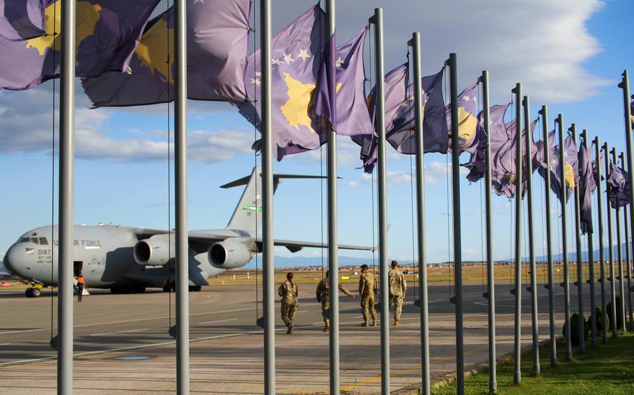 A C-17 Globemaster brings Afghan evacuees to Pristina International Airport in Pristina, Kosovo, Sept. 20, 2021.