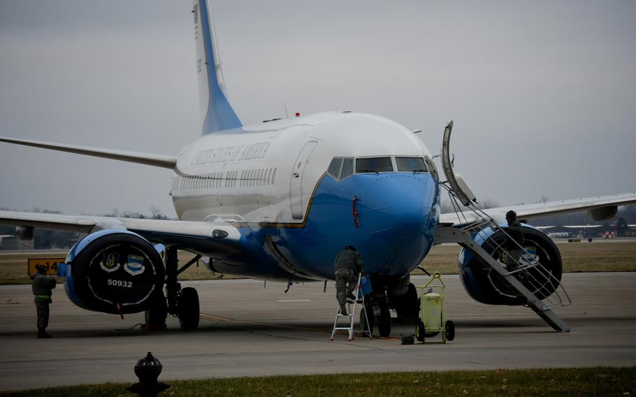 932nd Maintenance Group Airmen rush to complete post-mission aircraft checks on a C-40 following its return to base Dec. 21, 2018.  