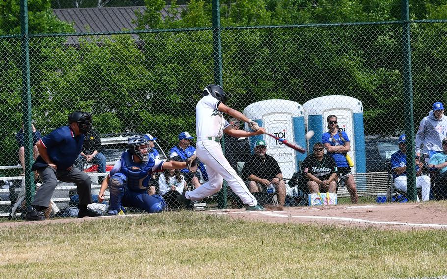 Naples’ Keith Rascoe hits a three-run HR -home run - his second HR of the game during the 2022 DODEA-Europe  Division II/III championship game against the Aviano Saints.