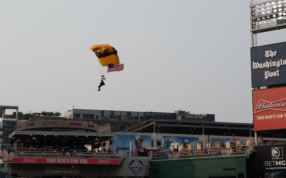 The U.S. Army Golden Knights. drop in for U.S. Army Day at Nationals Park in Washington, D.C., on Friday, June 16, 2023. The Nationals hosted the Miami Marlins.