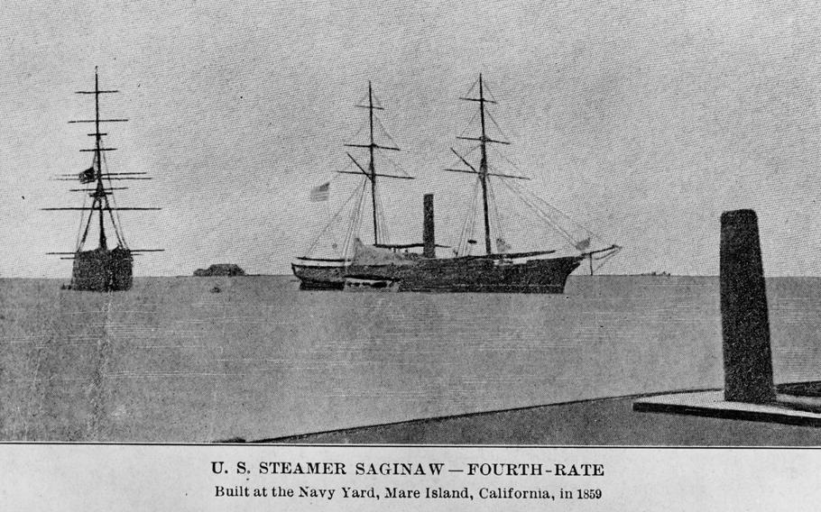 A grainy, black and white photo of an 1850s ship.