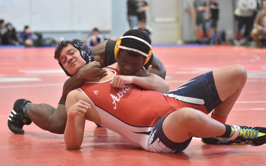 Vicenza's Daniel Bagoudou went on to pin Aviano's Tyler Mellon at 215 pounds Saturday, Feb. 4, 2023, at the DODEA-Europe Southern Europe regional at Aviano Air Base, Italy.