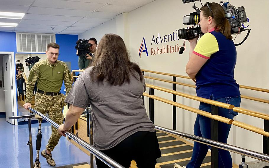 Oleksandr Chaika, a Ukrainian soldier who lost his leg in battle in April, met with Sen. Tammy Duckworth, D-Ill., on Tuesday after receiving the first prosthetic supplied by Operation Renew Prosthetics.