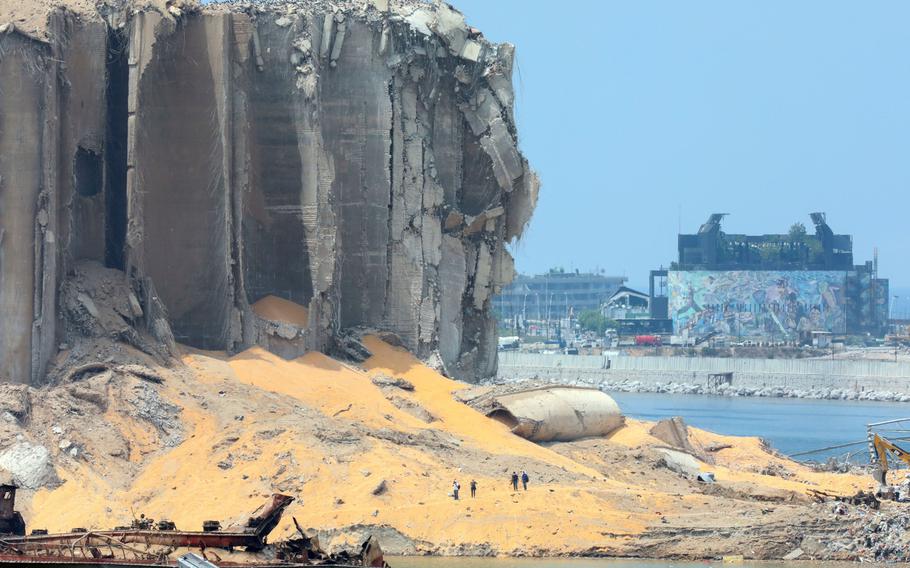 Grain spills from wheat silos damaged by the blast, in the Port of Beirut, in August 2020. 