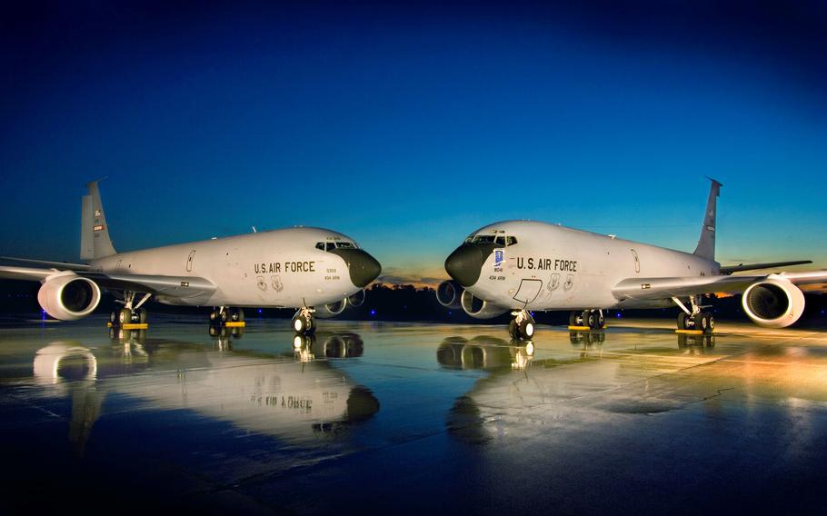 Two KC-135R Stratotankers sit at Grissom Air Reserve Base, in Bunker Hill, Indiana.  On June 3 when the base opened its new $9.3-million aerial port.