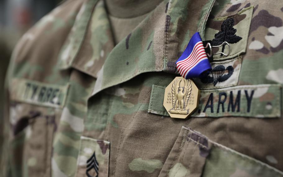 Sgt. Ian Tyrrel receives the Soldier’s Medal for heroism on July 14, 2021, at Fort Campbell, Ky. Tyrrel was awarded the medal for saving an injured woman's life on what was supposed to be a relaxing kayak trip on Tennessee’s Red River.