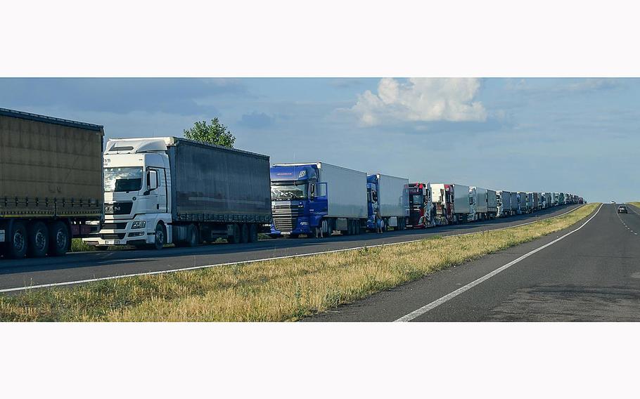 Lines of rucks held up at borders between Ukraine and neighboring European countries are regularly exceeding 25 miles. 