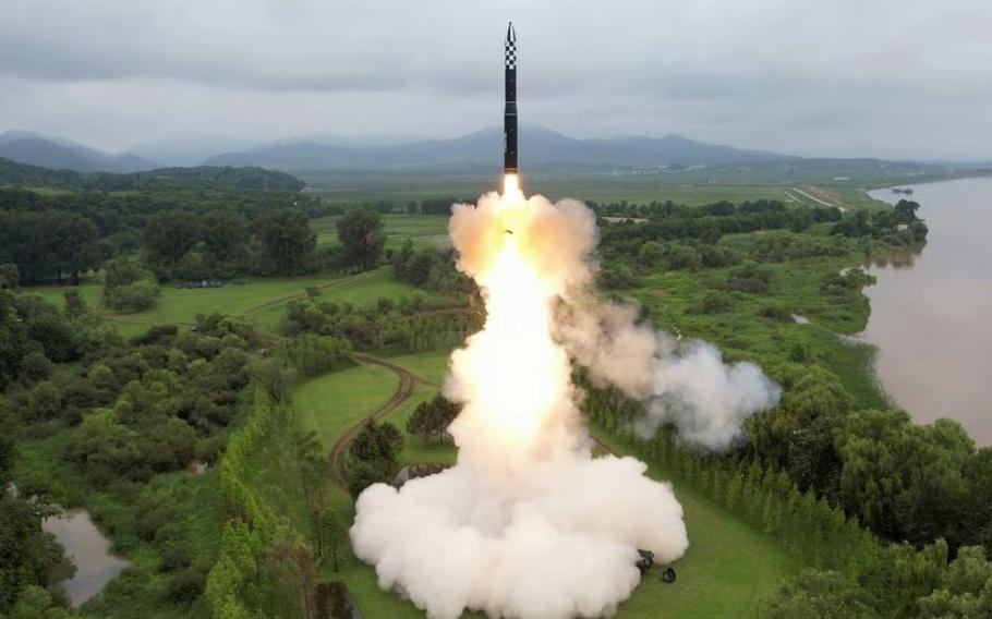 North Korea launches a Hwasong-18 intercontinental ballistic missile in this image released by the state-run Korean Central News Agency, Thursday, July 13, 2023.