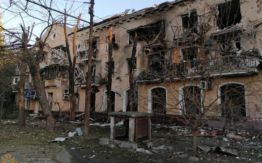 A residential building with a center of administrative services in Zaporizhzhia after Russian shelling on the night of Sept. 24, 2022. Russia launched new attacks on Ukraine on Sunday, using missiles and Iranian-kamikaze drones to strike Odesa and the Zaporizhzhia region, as protesters in several Russian cities demonstrated against the war effort and a new mass conscription.