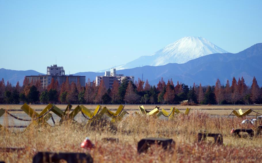A snow-capped Mount Fuji is seen from Naval Air Facility Atsugi, Japan, Dec. 20, 2022.