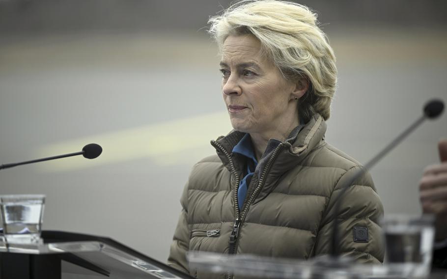 President of the European Commission Ursula von der Leyen looks on during her joint press conference with Finnish Prime Minister Petter Orpo at the Lappeenranta airport, eastern Finland, Friday April 19, 2024.