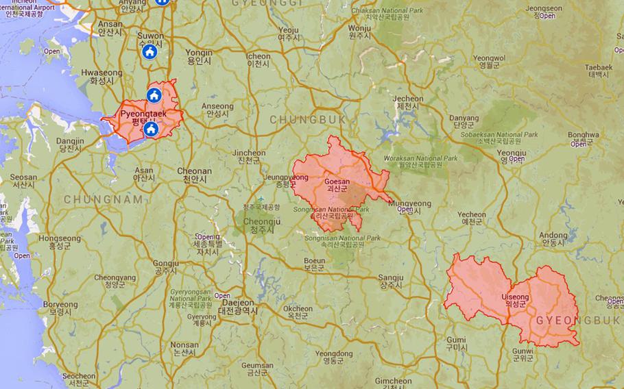 “Avoid the red,” U.S. Forces Korea tweeted Friday, Aug. 27, 2021, referring to its new map of restricted districts in South Korea. “When in doubt, mask up.”